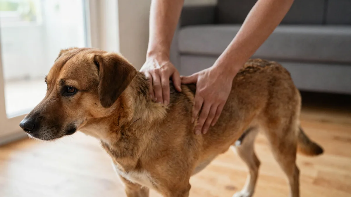 Nahaufnahme von zwei Händen, die bei einem mittelgroßen Hund seitlich die Rippen abtasten, Hund steh