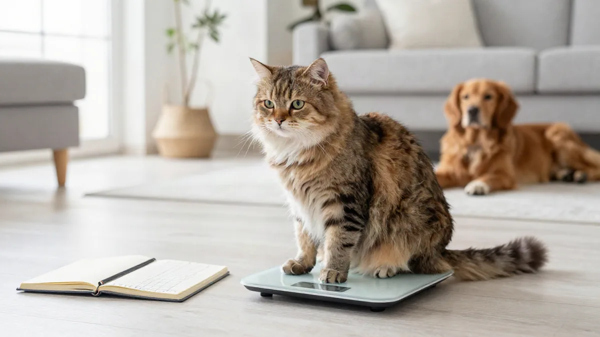Katze sitzt auf einer Waage, daneben liegt ein Notizbuch mit einer einfachen Gewichtstabelle, helle
